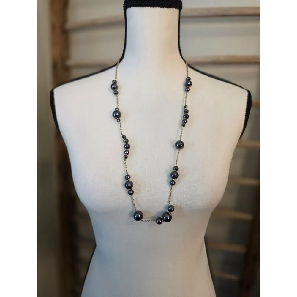 J.Crew Gray Faux Pearl Station Necklace Gold Tone Long Signed Vintage Style